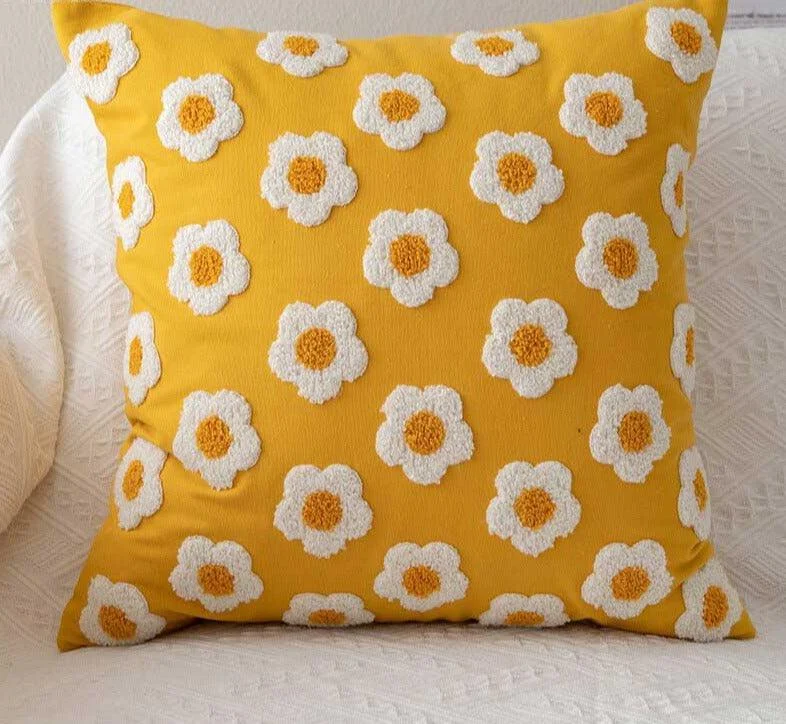 Handmade Embroidered Daisy Floral Pillow Cover -