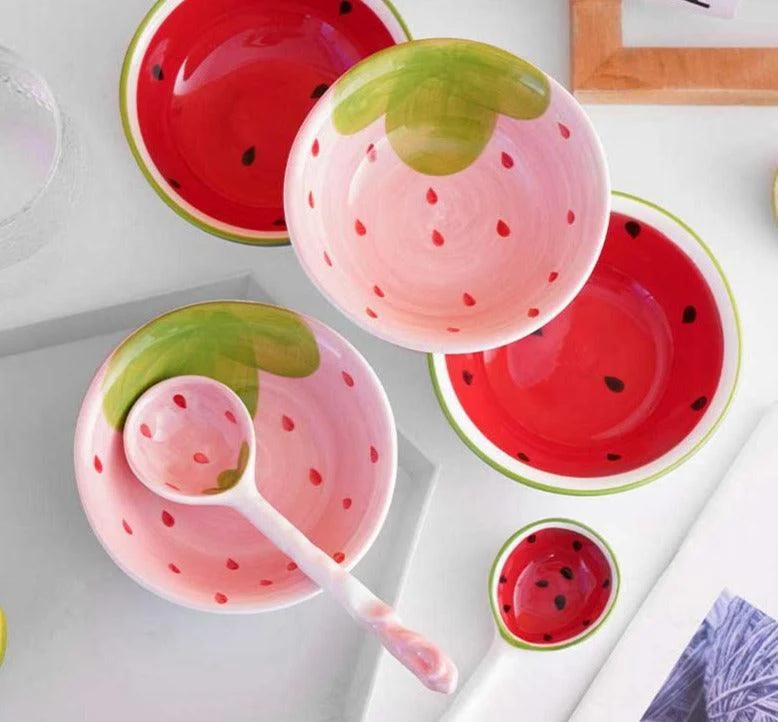 Handpainted Fruit Strawberry Watermelon Ceramic Bowl Set -