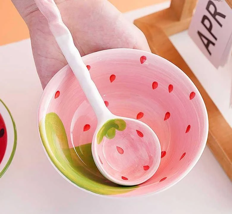 Handpainted Fruit Strawberry Watermelon Ceramic Bowl Set -