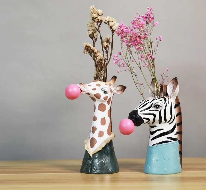 Handpainted Resin Zebra Giraffe Vase Planter Pot -