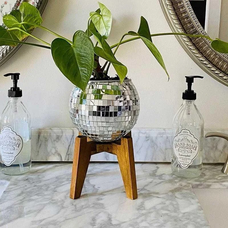 Hanging Glass Disco Ball Mirror Vase Planter -