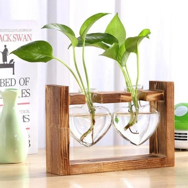 Heart Glass & Wood Propagation Vase -