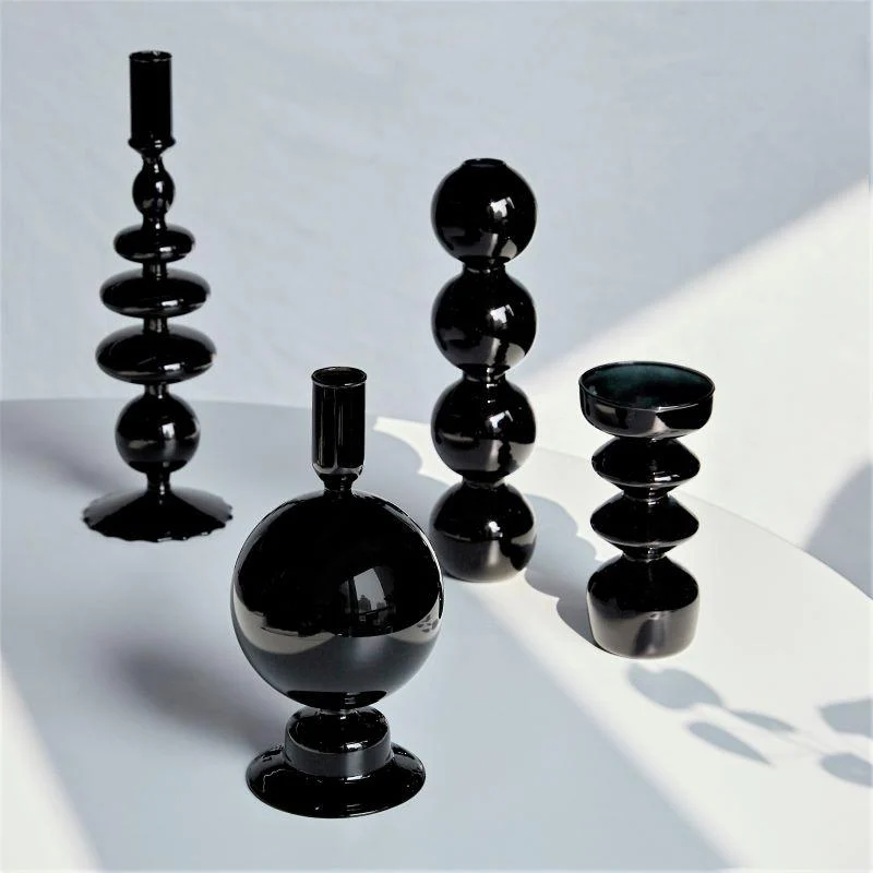 Homeko Black Glass Taper Candle Holder & Vases -