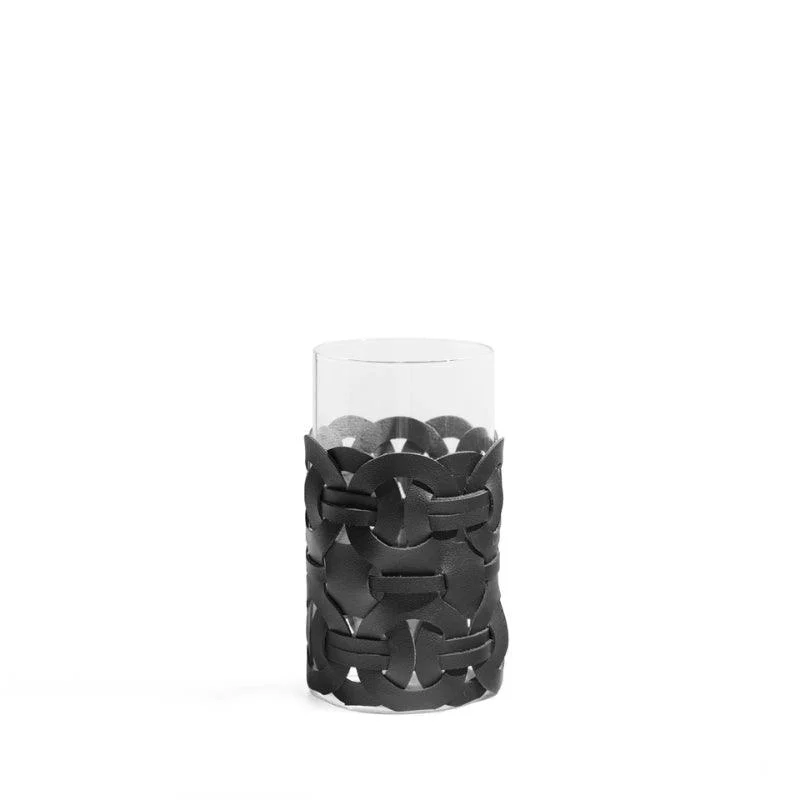 Homeko Black Leather Abstract Cylinder Glass Vase -