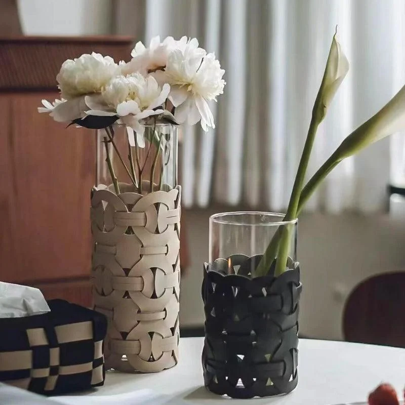 Homeko Black Leather Abstract Cylinder Glass Vase -