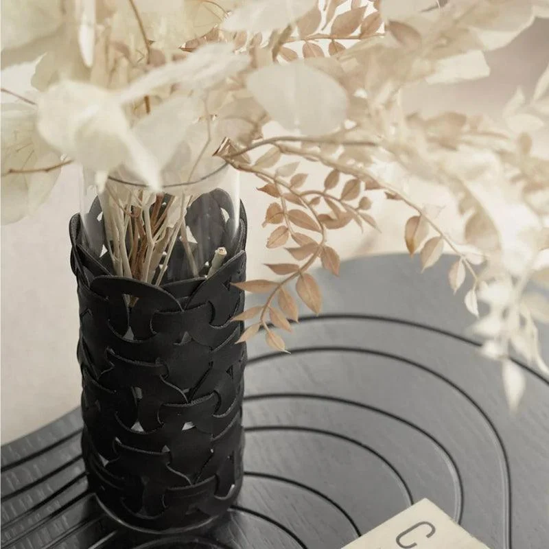 Homeko Black Leather Abstract Cylinder Glass Vase -