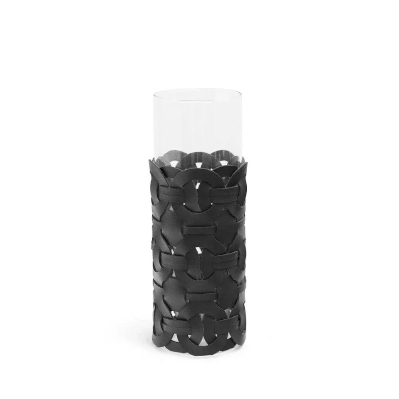 Homeko Black Leather Abstract Cylinder Glass Vase -