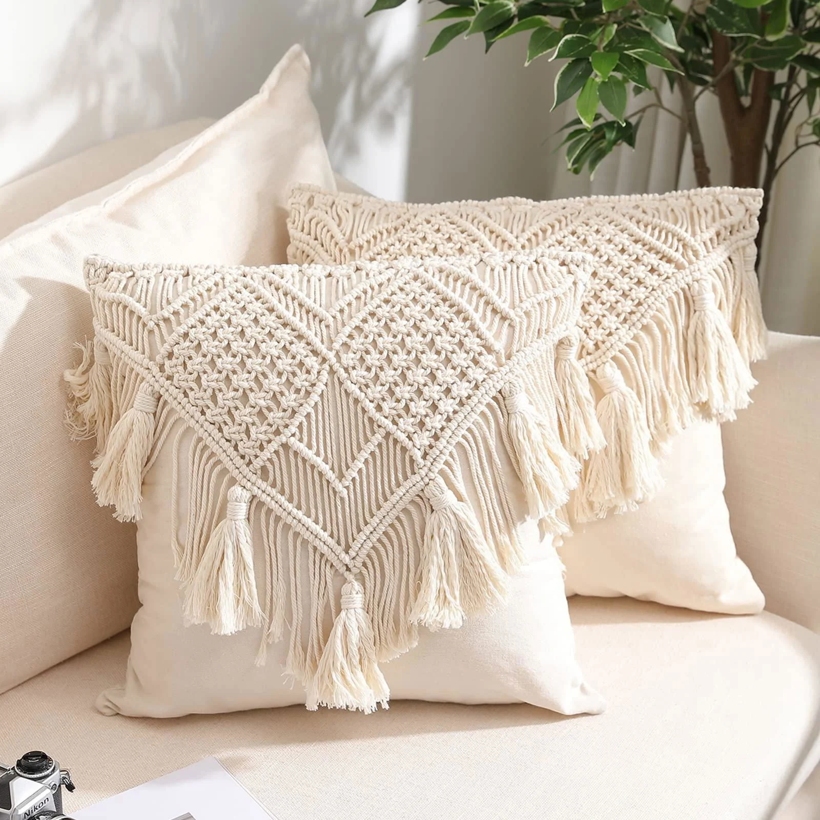 Homeko Boho Macrame Throw Pillow Covers Set of 2 -