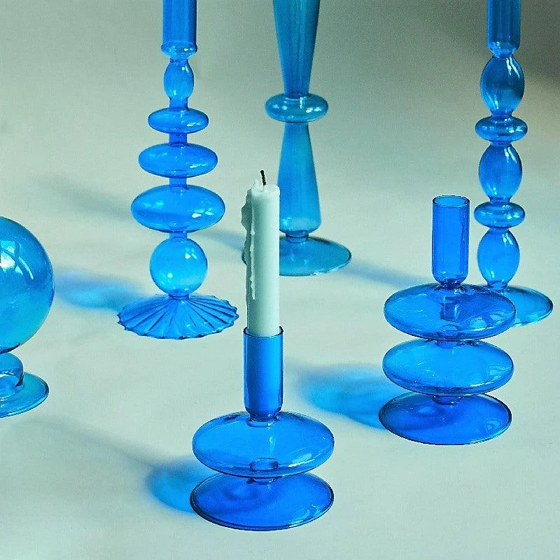 Homeko Coastal Blue Glass Taper Candle Holders & Vases -