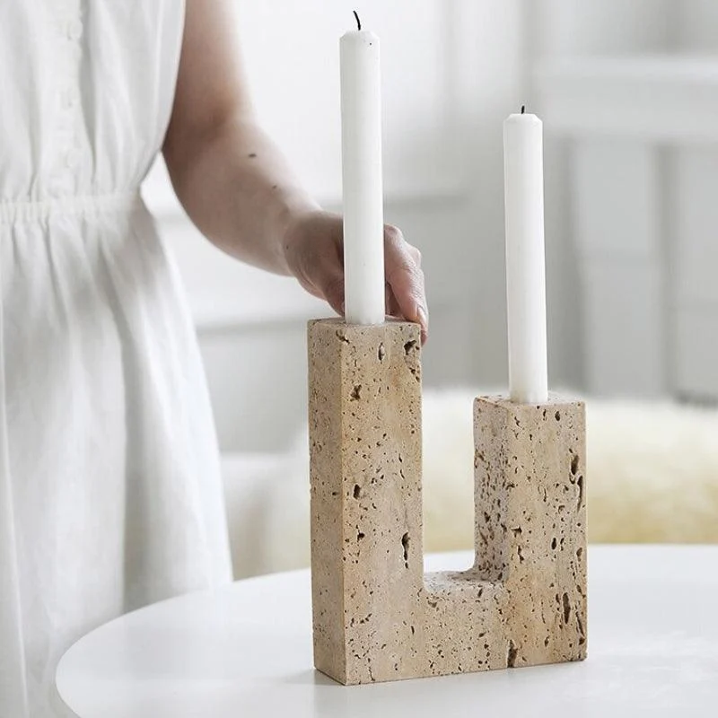 Homeko Dual Travertine Taper Candlestick Holder -