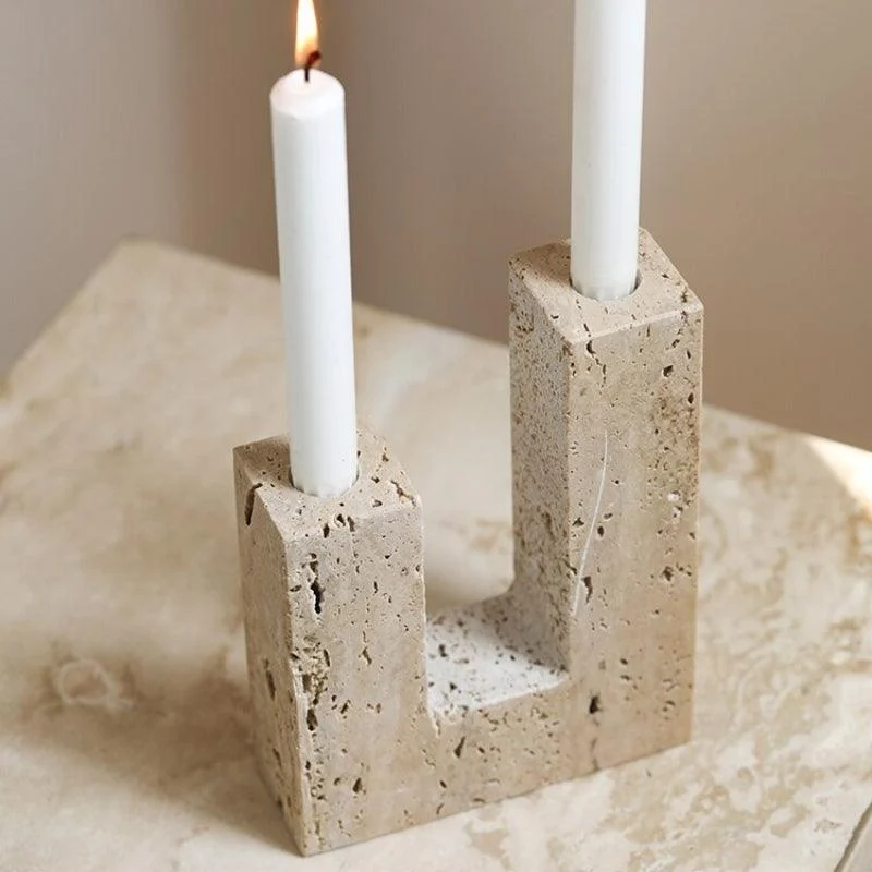 Homeko Dual Travertine Taper Candlestick Holder -