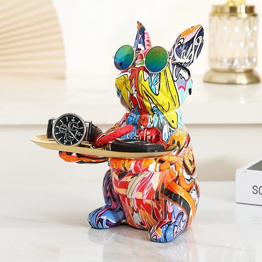 Homeko French Bulldog Graffiti Painted Sculpture Table Tray With Piggy Bank -