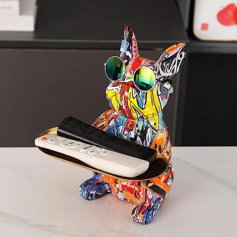 Homeko French Bulldog Graffiti Painted Sculpture Table Tray With Piggy Bank -