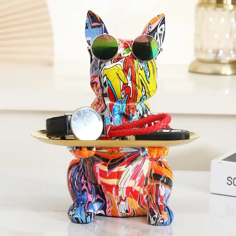 Homeko French Bulldog Graffiti Painted Sculpture Table Tray With Piggy Bank