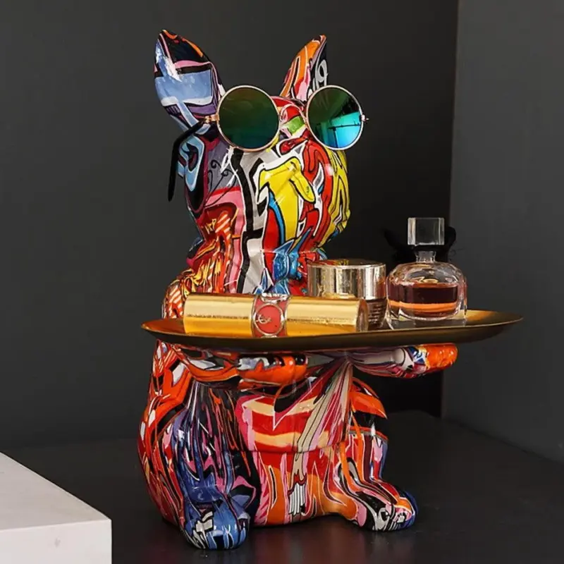 Homeko French Bulldog Graffiti Painted Sculpture Table Tray With Piggy Bank