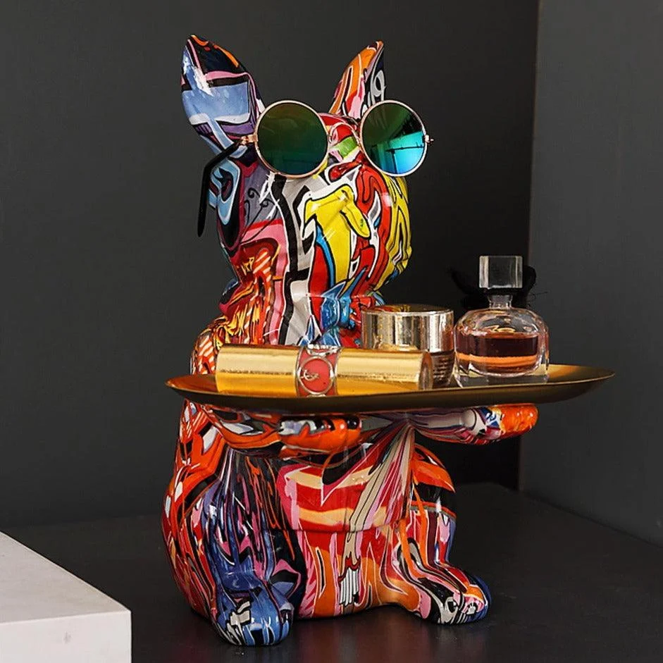 Homeko French Bulldog Graffiti Painted Sculpture Table Tray With Piggy Bank -