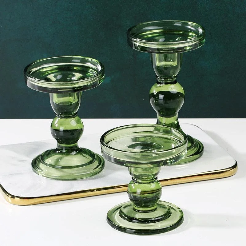 Homeko Green Vintage Glass Taper Candlestick Holders -