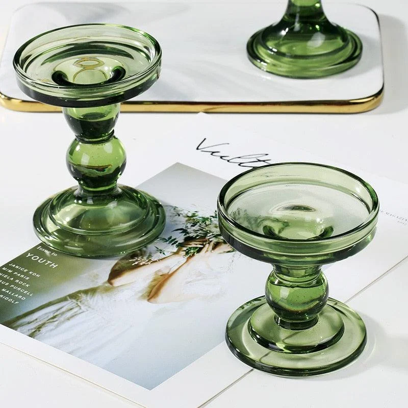 Homeko Green Vintage Glass Taper Candlestick Holders -