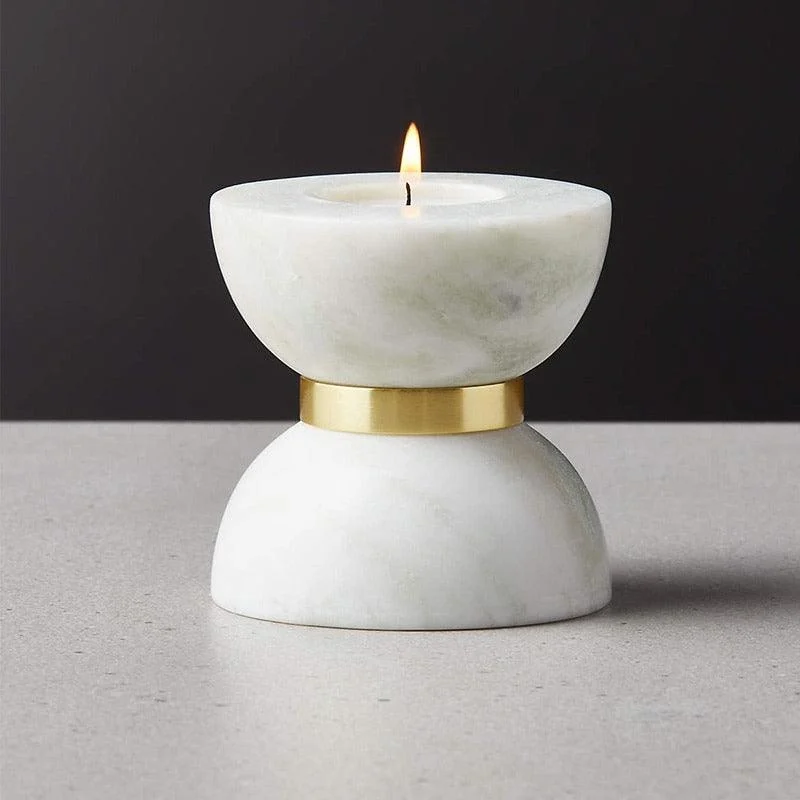 Homeko Hourglass White Marble Brass Candle Holders -