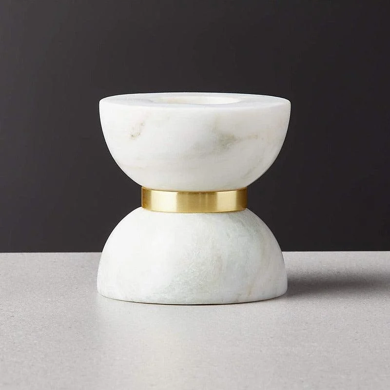 Homeko Hourglass White Marble Brass Candle Holders -