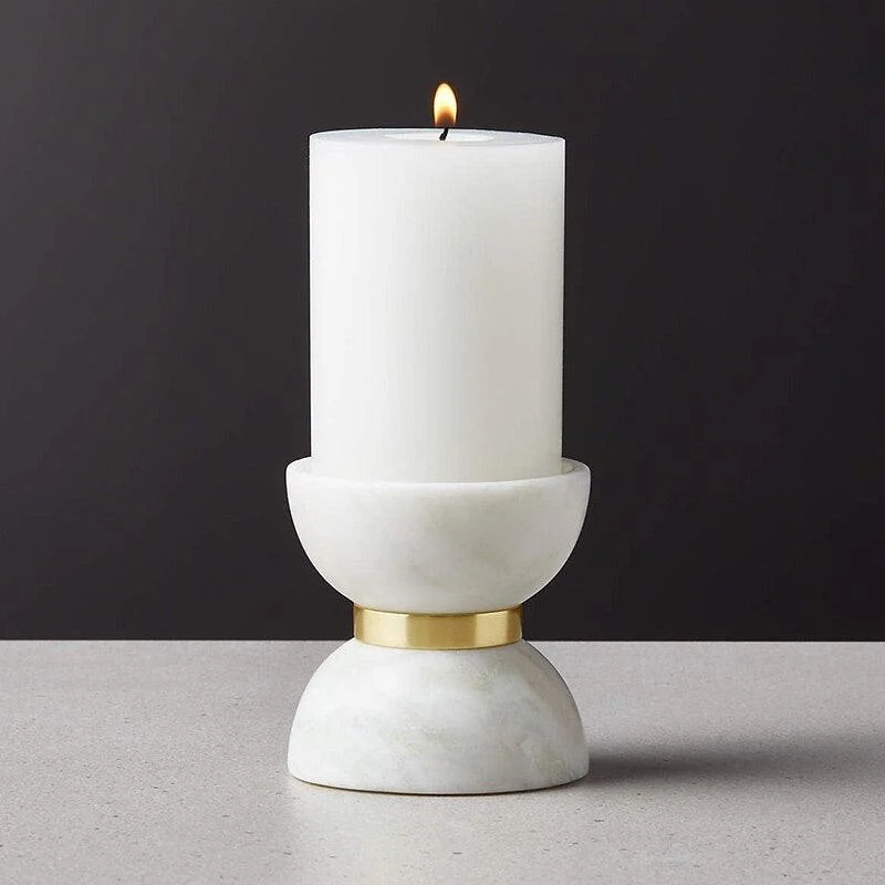 Homeko Hourglass White Marble Brass Candle Holders -