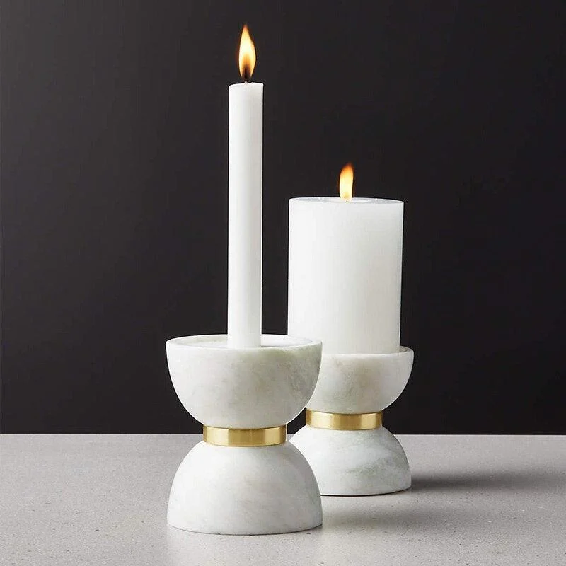 Homeko Hourglass White Marble Brass Candle Holders -