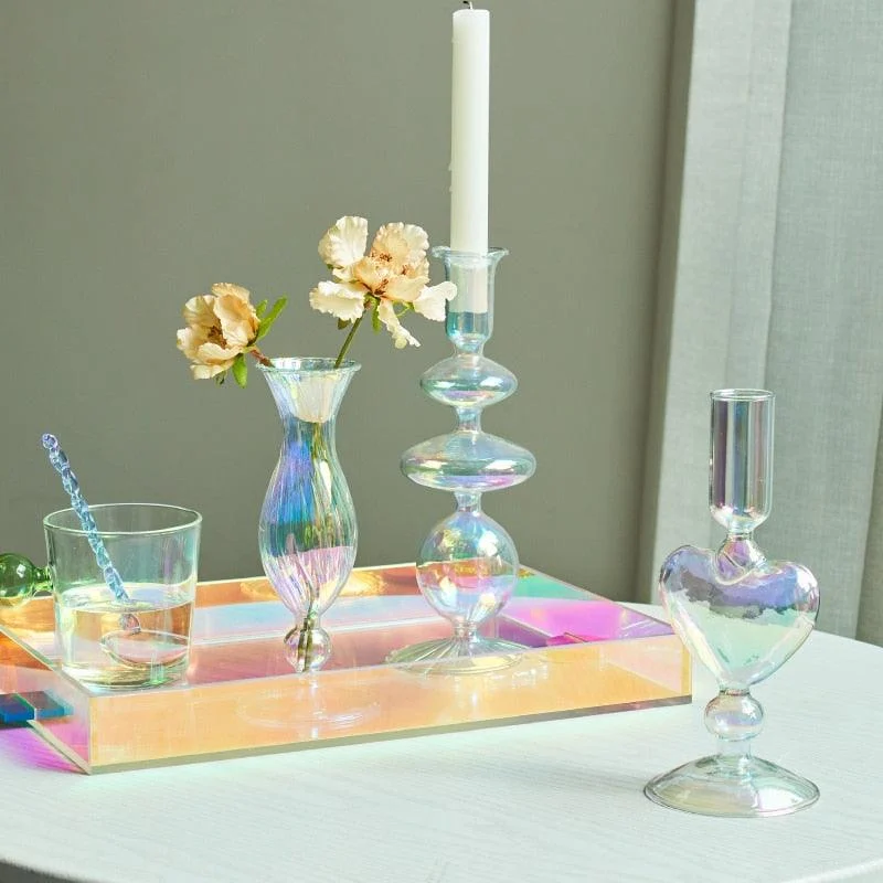 Homeko Iridescent Rainbow Glass Taper Candle Holders & Vases -