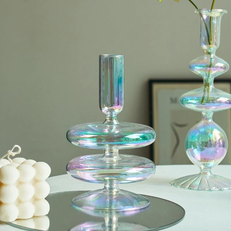 Homeko Iridescent Rainbow Glass Taper Candle Holders & Vases -