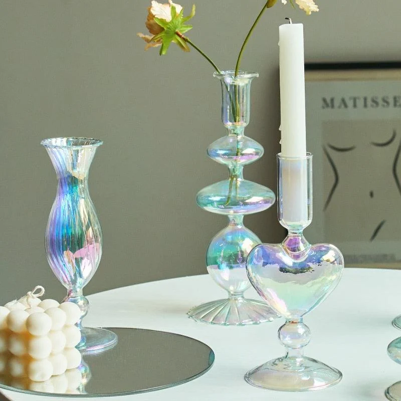 Homeko Iridescent Rainbow Glass Taper Candle Holders & Vases -