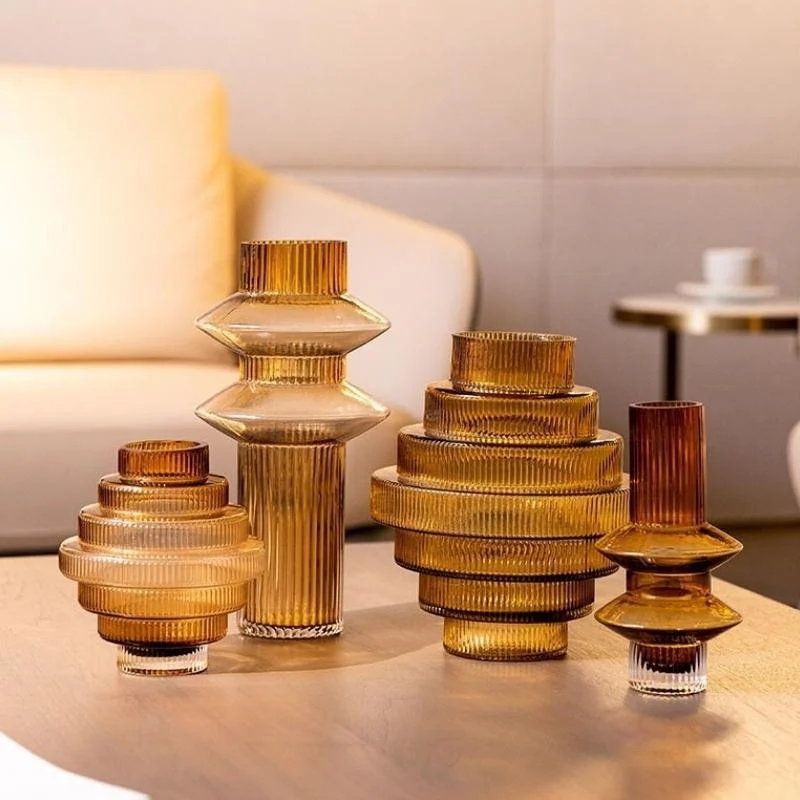 Homeko Linear Abstract Amber Decorative Glass Vase -