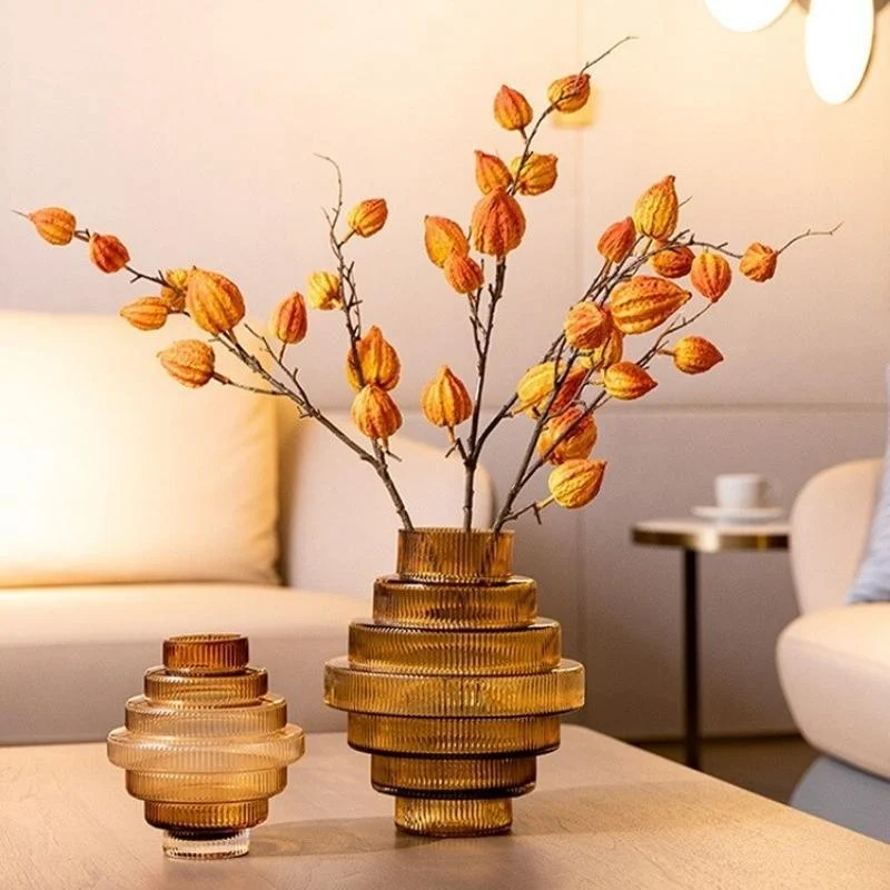 Homeko Linear Abstract Amber Decorative Glass Vase -