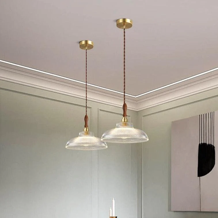 Homeko Pendant LED Light with Ripple Glass & Walnut Wood -