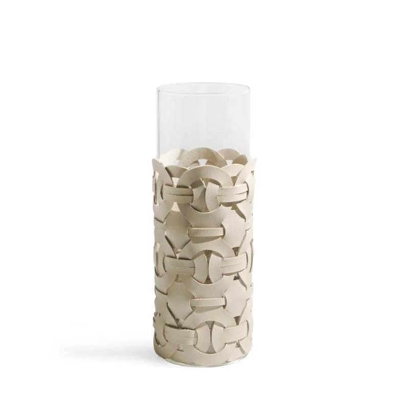 Homeko Tan Leather Abstract Cylinder Glass Vase -