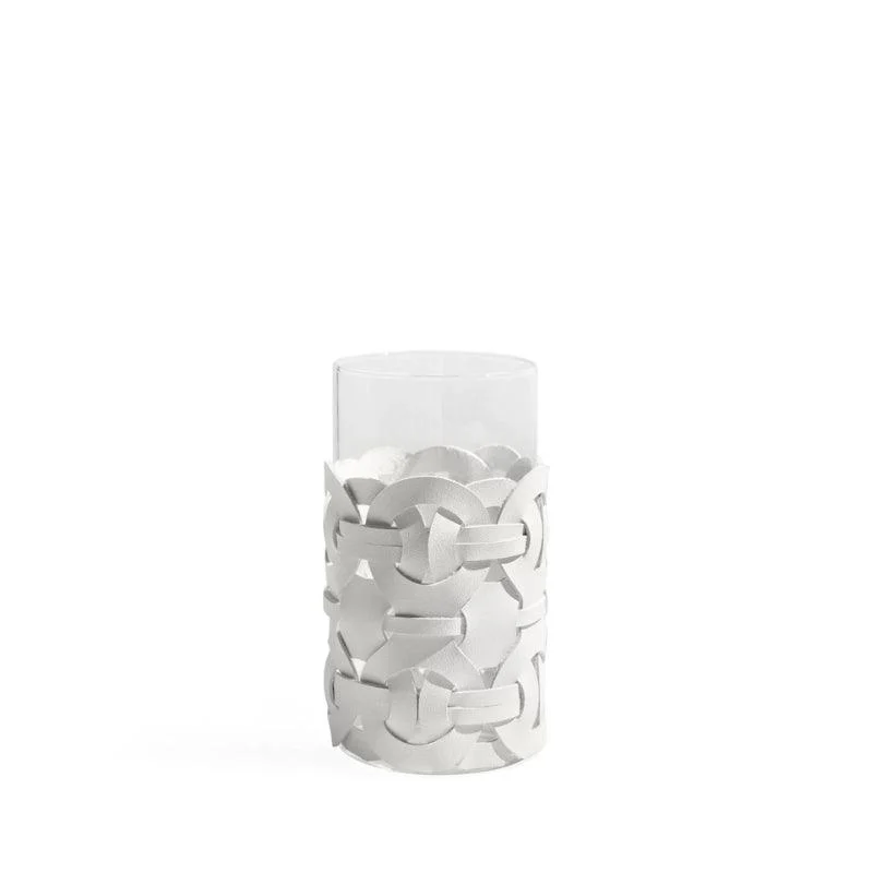 Homeko White Leather Abstract Cylinder Glass Vase -