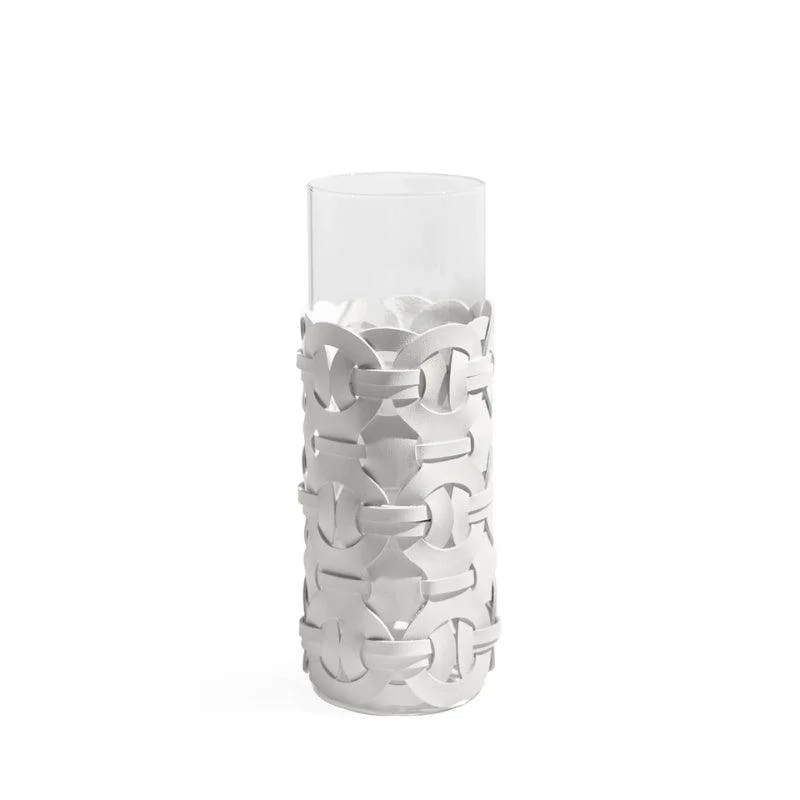 Homeko White Leather Abstract Cylinder Glass Vase -