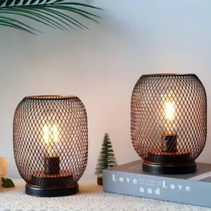 GoldGleam - Metal cage table lamp - Battery operated LED lantern 2-pack