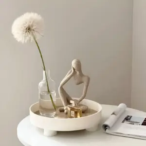 Round Serving Tray - Decorative Wooden Tray - White Ceramic Tray