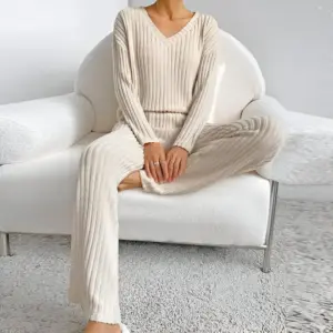 SolidLure Set - House suit women ribbed top with V-neck & tailored stretch pants