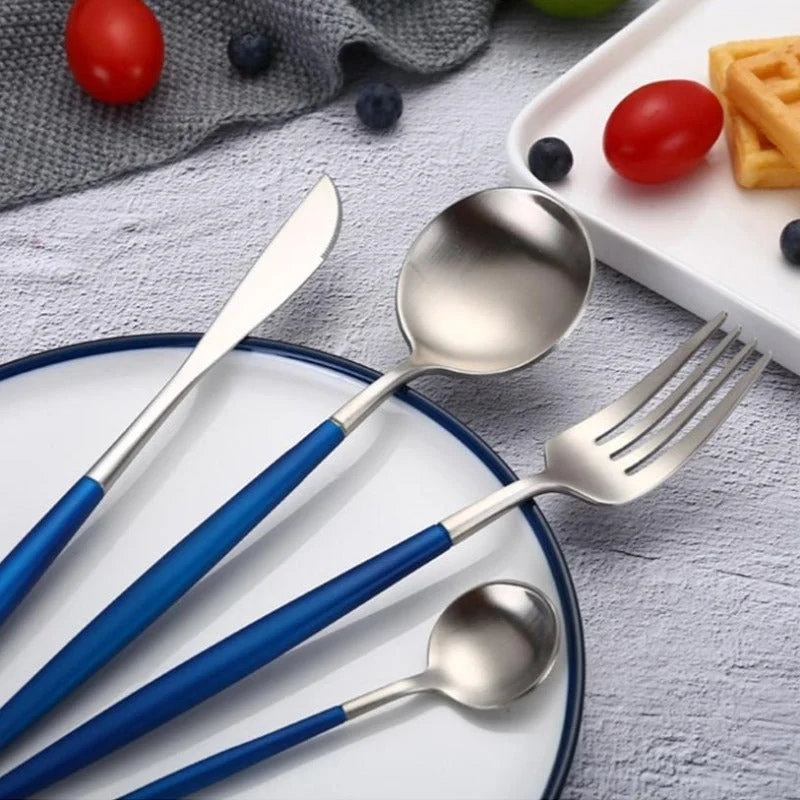 Hot Sale 4 Pcs Set Blue And Silver European Dinnerware 304 Stainless Steel Western Cutlery Kitchen