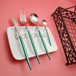 Hot Sale 4 pcs Green silver Portuguese Dinnerware Stainless steel Knife Fork Spoon Cutlery Kitchen Food