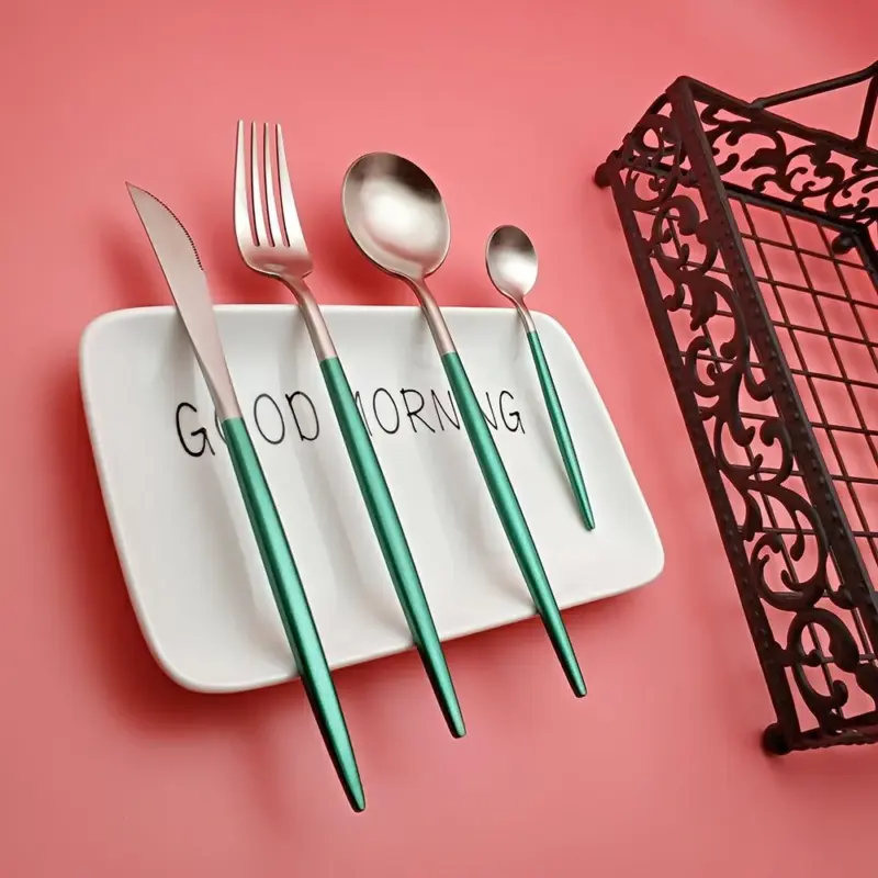 Hot Sale 4 pcs Green silver Portuguese Dinnerware Stainless steel Knife Fork Spoon Cutlery Kitchen Food