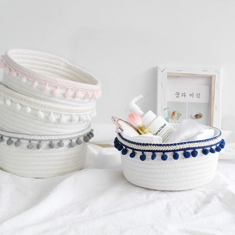 Household White Laundry Basket Unique Woven Wool Ball Storage Basket Home Decoration Cotton Thread Storage Basket 35354424 47b1 40e8 9622 52be53114c5d