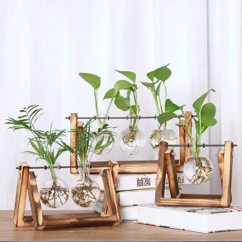 Hydroponic Vintage Flower Vases Plant Vase Creative Wooden Frame Decorative Home Bonsai Decor Transparent Glass Tabletop f667c874 41e3 4892 b41b f0c82b7e5a35