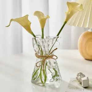 Iridescent Abstract Glass Pleated Paper Bag Vase with Rope Strap - 