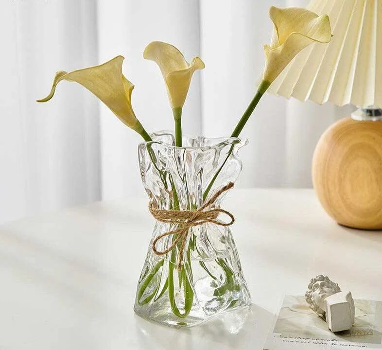 Iridescent Abstract Glass Pleated Paper Bag Vase with Rope Strap -
