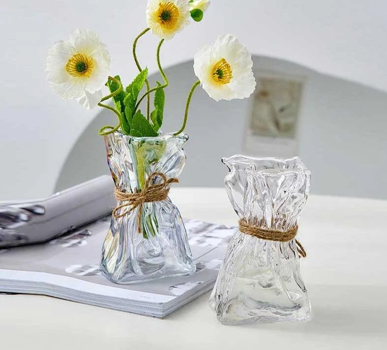 Iridescent Abstract Glass Pleated Paper Bag Vase with Rope Strap -
