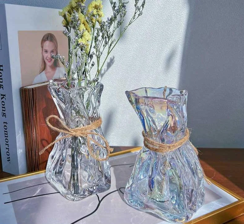 Iridescent Abstract Glass Pleated Paper Bag Vase with Rope Strap -