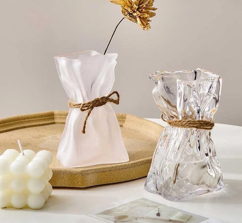 Iridescent Abstract Glass Pleated Paper Bag Vase with Rope Strap -