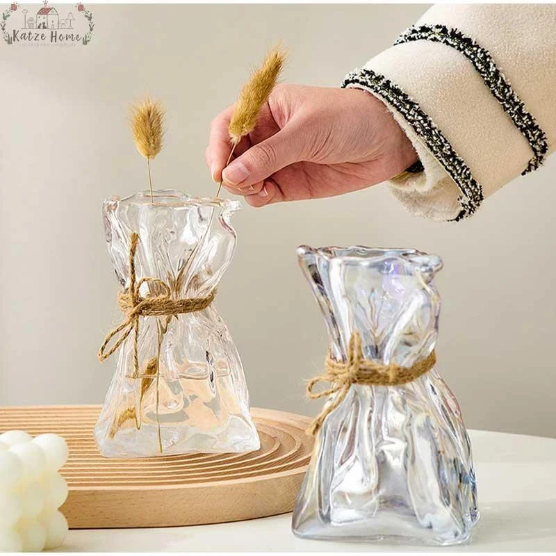 Iridescent Abstract Glass Pleated Paper Bag Vase with Rope Strap -