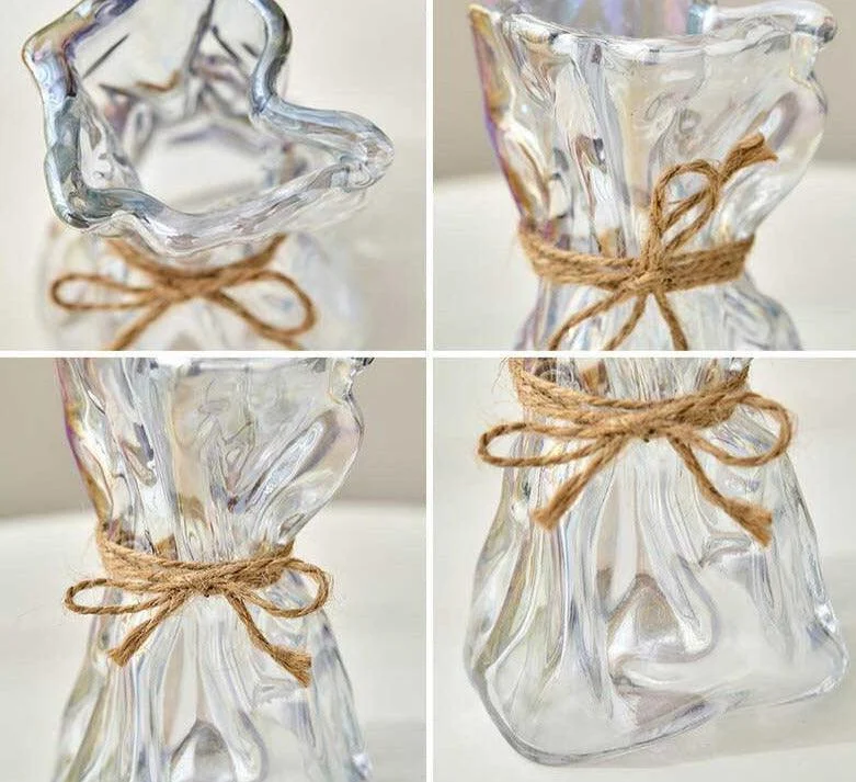 Iridescent Abstract Glass Pleated Paper Bag Vase with Rope Strap -